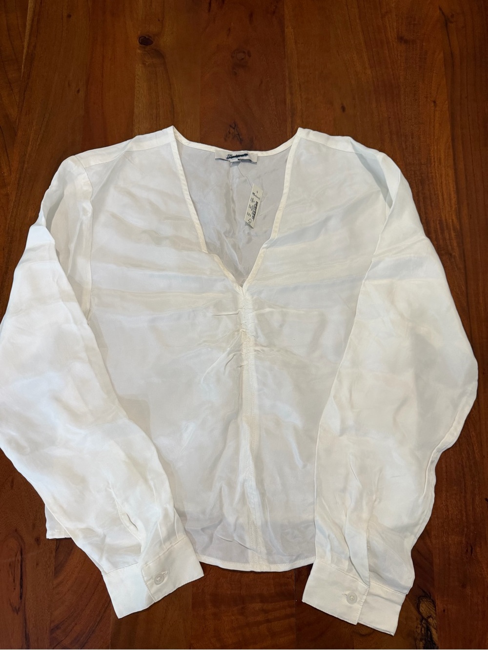 NWT Madewell Women’s White V-Neck Gathered Front Long-Sleeve Blouse Size 00